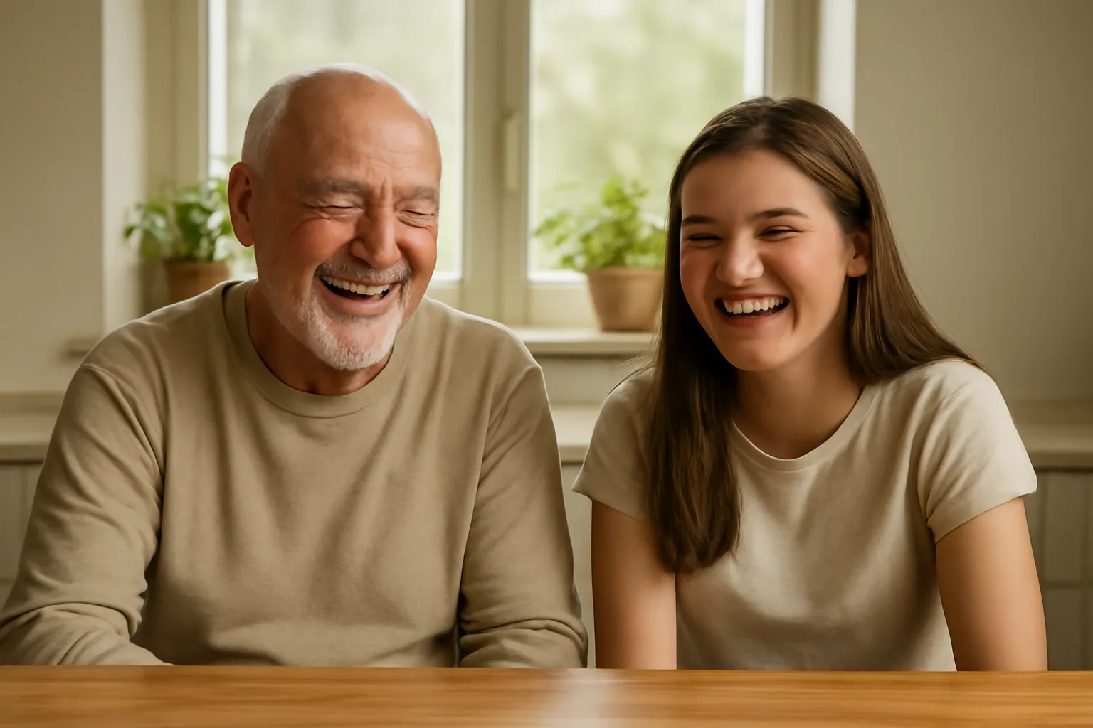 A grandfather and his teenage granddaughter laughing together at a sunny kitchen table