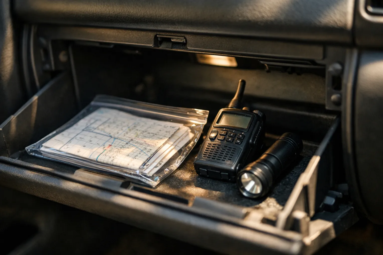 A glovebox holding a printed sheet in a plastic sleeve beside a handheld radio