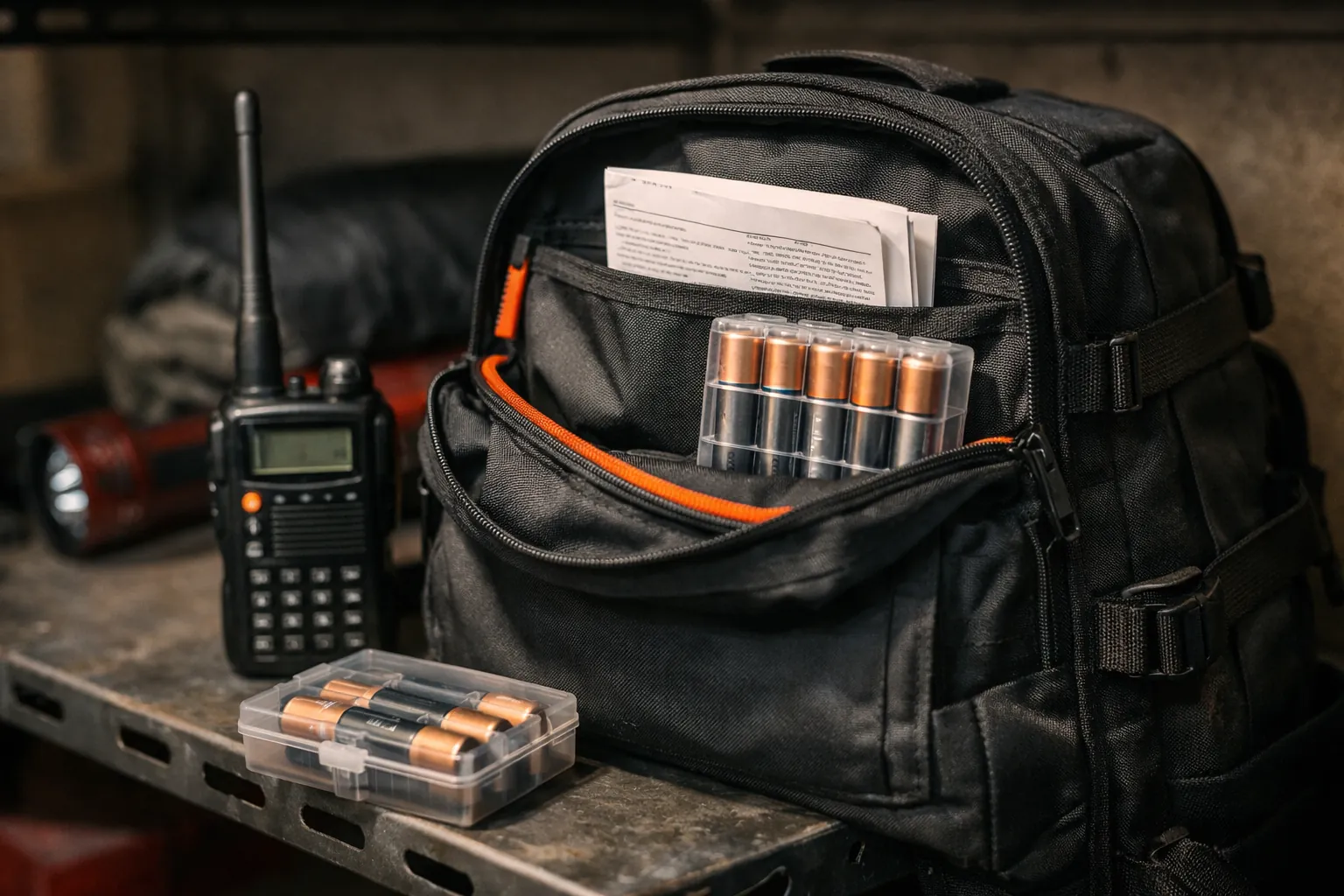 An emergency go-bag with a handheld radio, spare batteries and a folded sheet