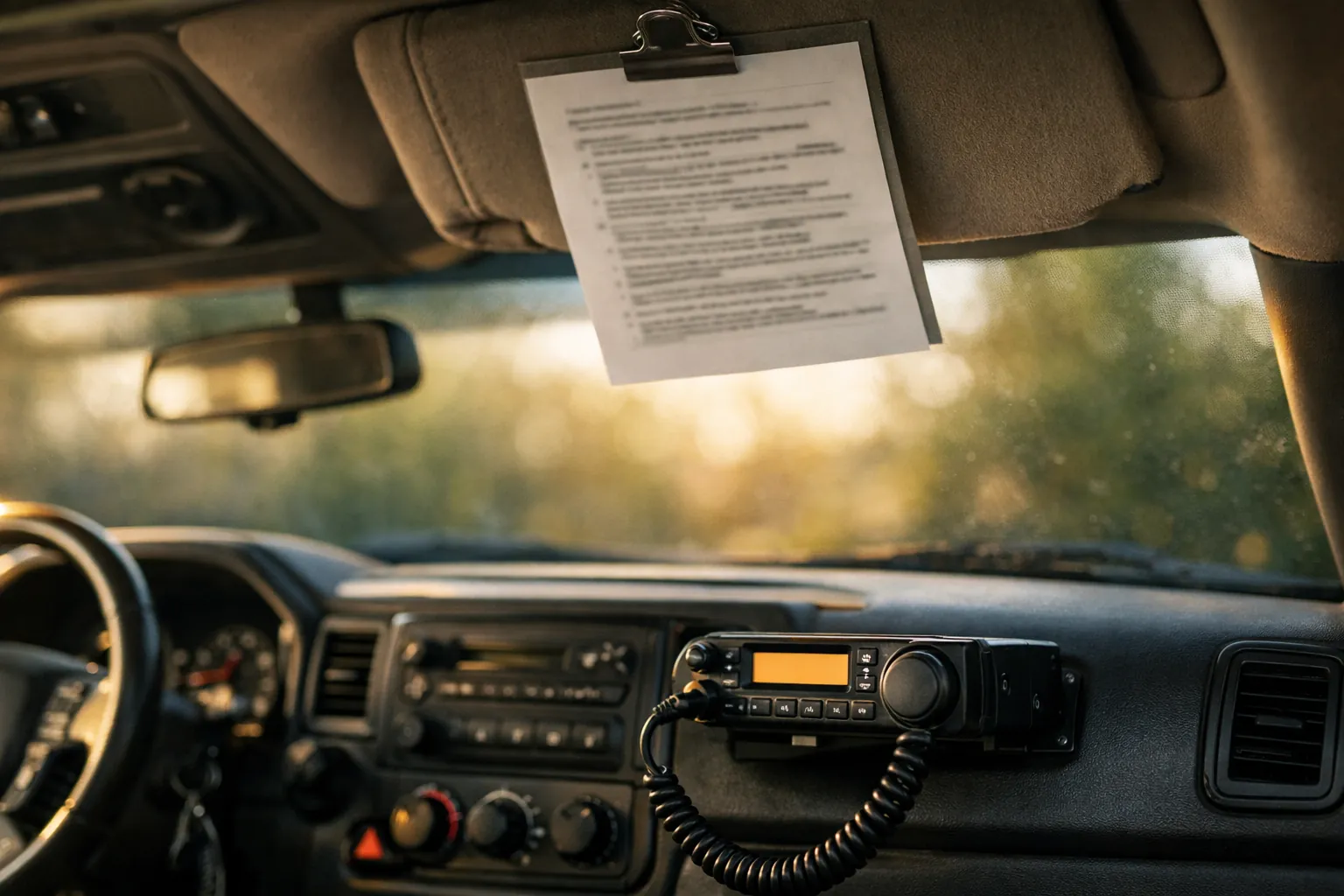 A printed channel chart clipped to a sun visor above a vehicle dashboard with a small mobile radio