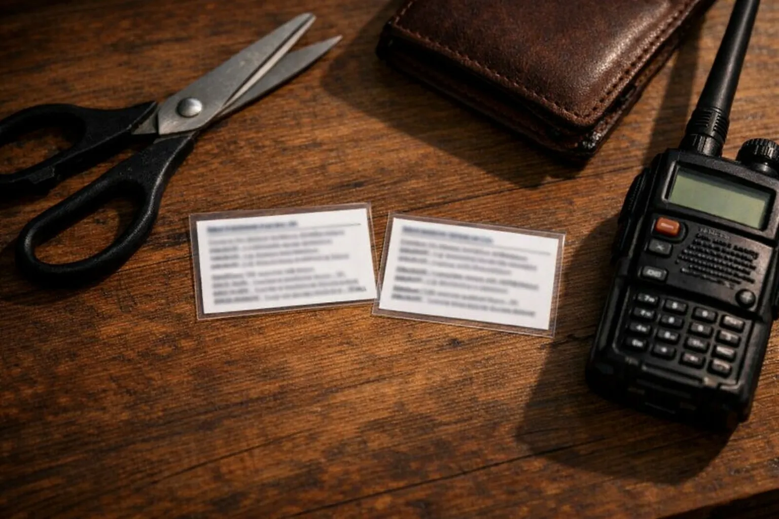 Two small laminated cards cut from a printed sheet, next to scissors and a handheld radio