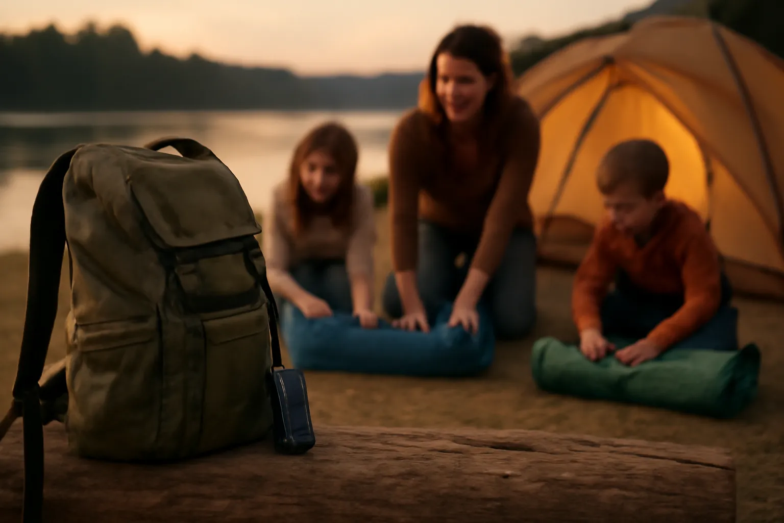 A small radio clipped to a daypack at a lakeside campsite at dusk, a mother and kids setting up camp behind it