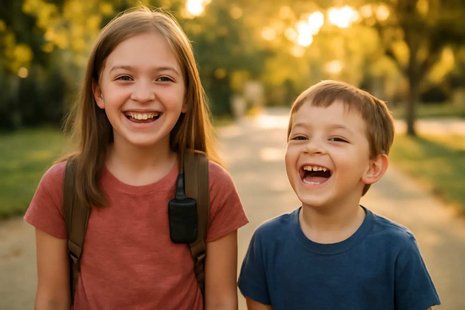 Two kids laughing on a leafy suburban street at golden hour, a small walkie-talkie clipped to the girl's backpack strap