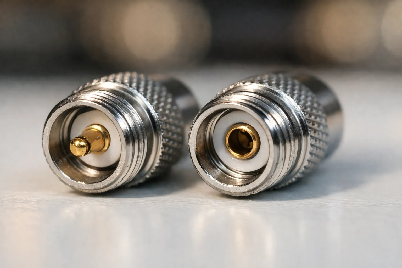 Two antenna connectors side by side, one with a center pin and one with a center socket