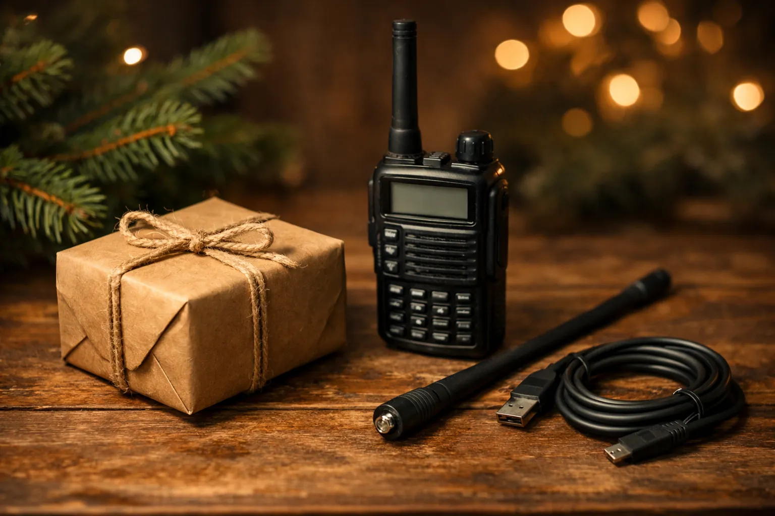 A wrapped gift box beside a handheld two-way radio, a coiled cable and a spare antenna on a wooden table