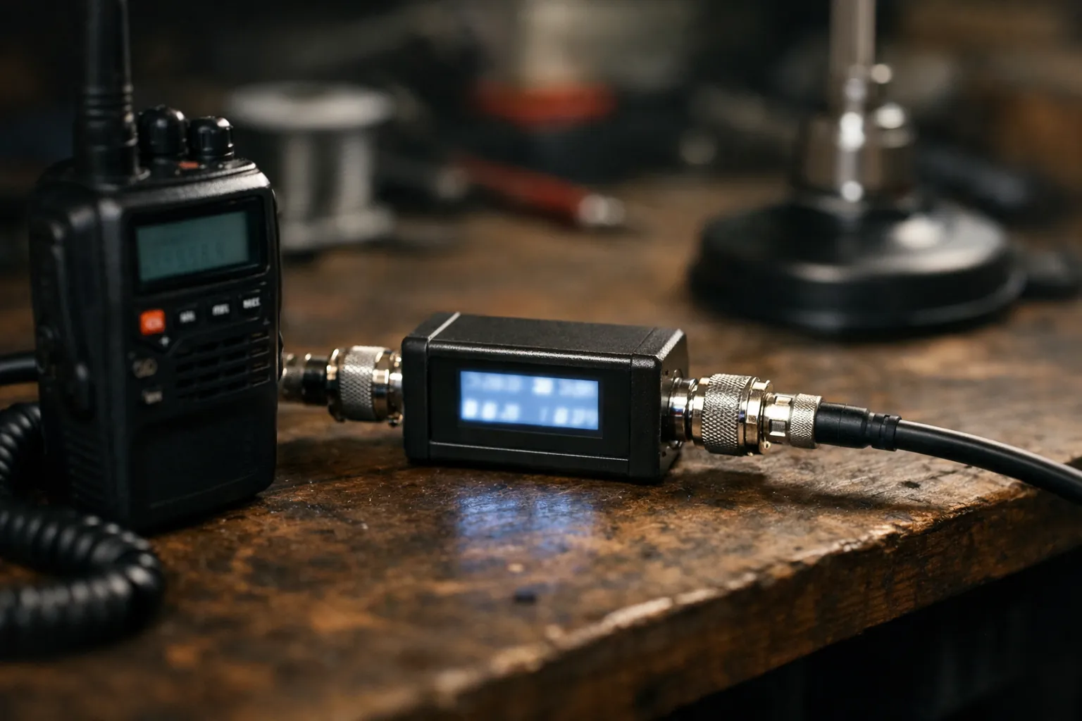 A small digital SWR meter connected between a handheld radio and an antenna on a workbench