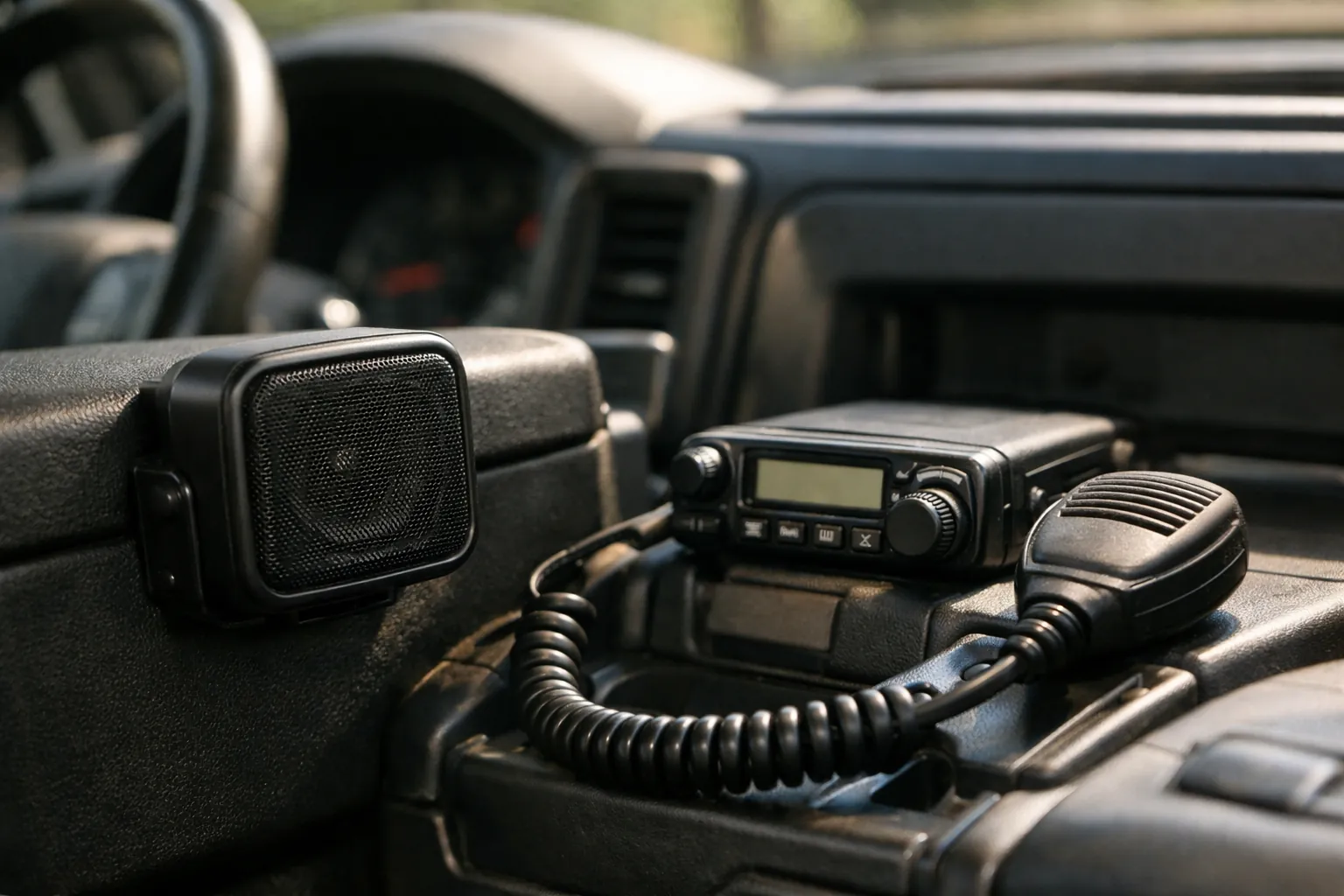 A compact external speaker mounted beside a mobile radio in a truck