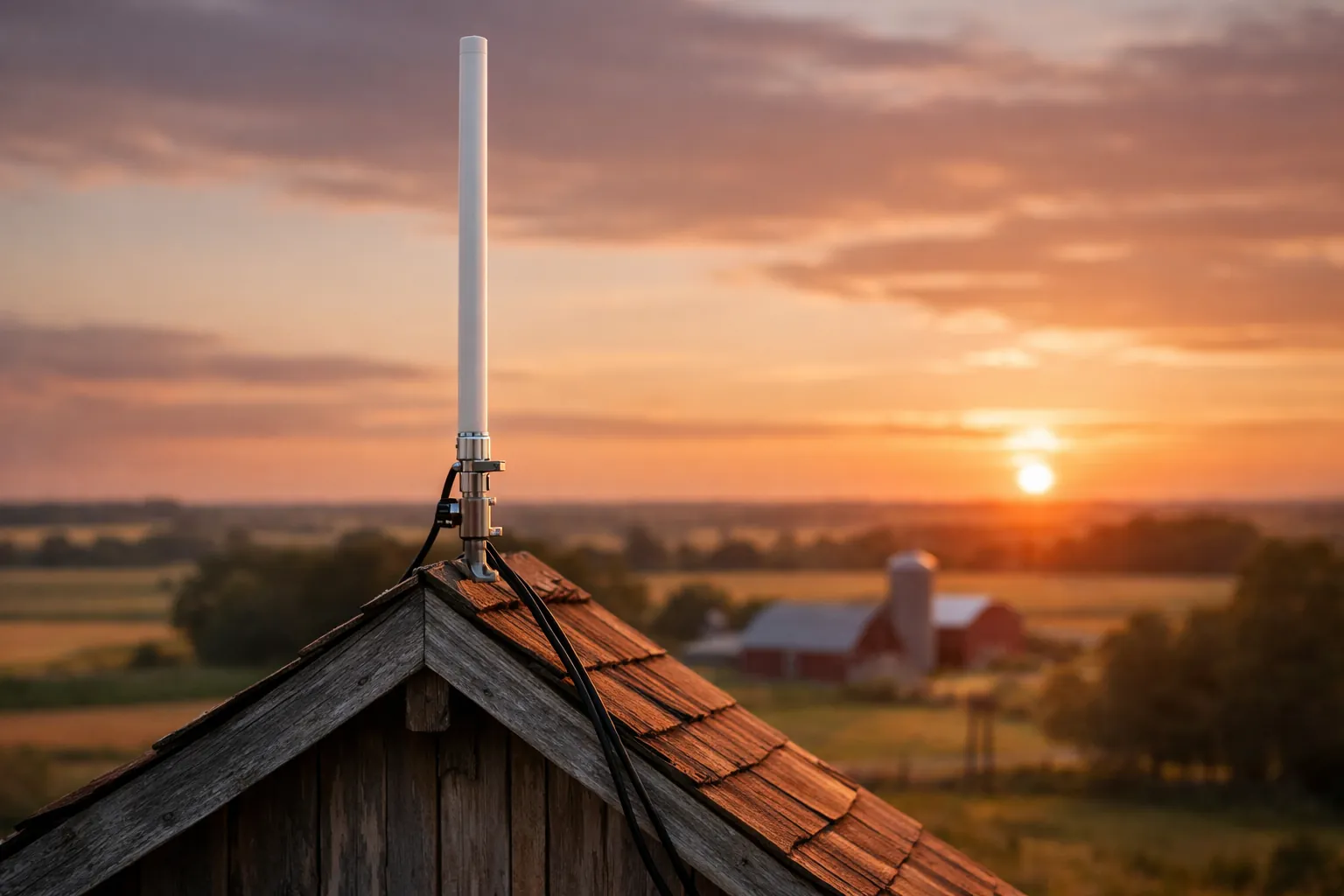 A fiberglass base antenna on a mast at the peak of a farmhouse roof