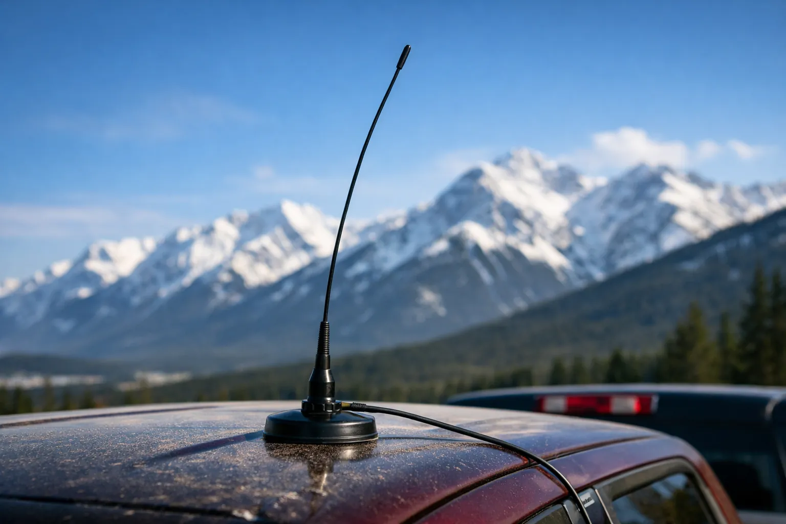 A tall whip antenna on a pickup truck roof against a mountain sky