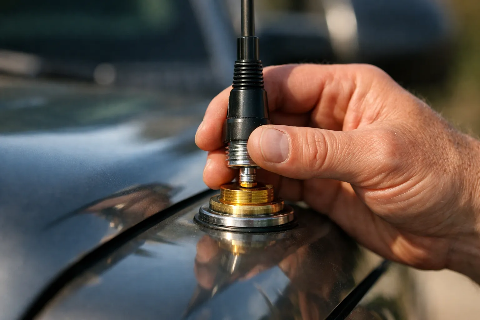A whip antenna being screwed onto an NMO mount on a truck fender