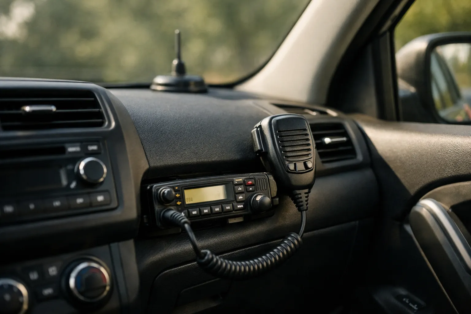 A compact vehicle radio with integrated microphone on an SUV dash