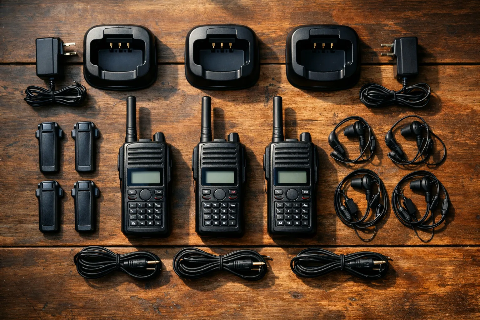 Three handheld radios with chargers and earpieces laid out on a table