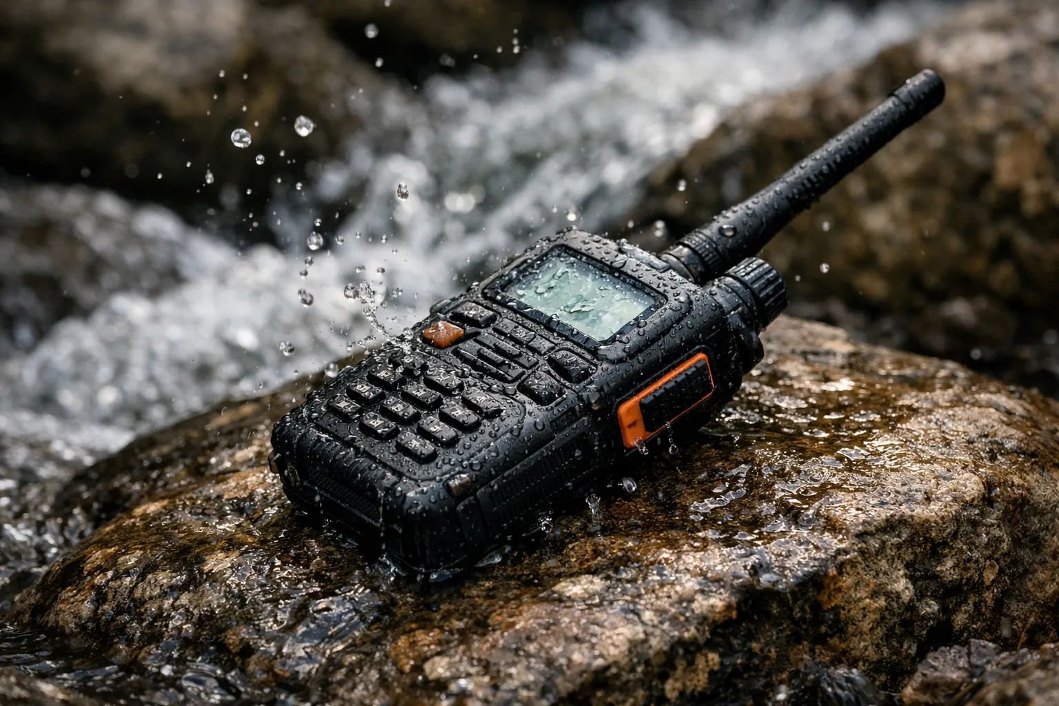 A rugged handheld radio splashed with water on a rock by a stream