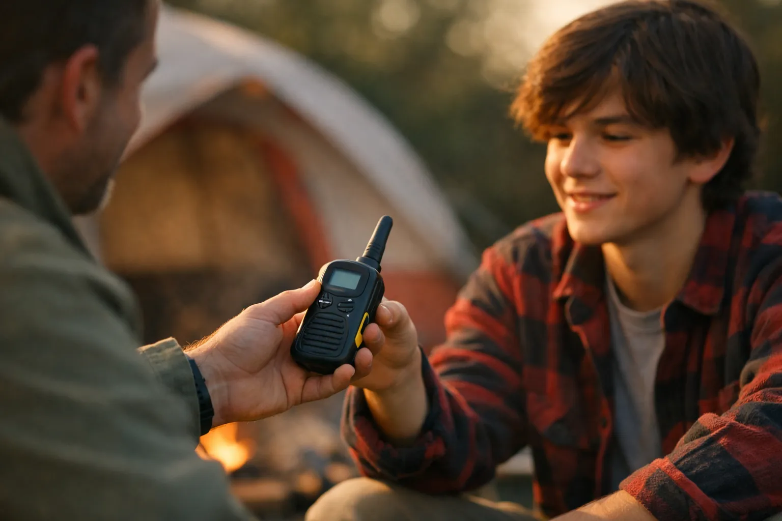 A parent handing a handheld radio to a teenager at a campsite