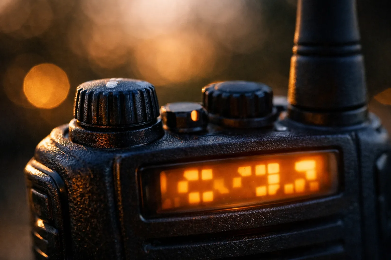 Close-up of a handheld two-way radio's glowing display and channel knob at dusk