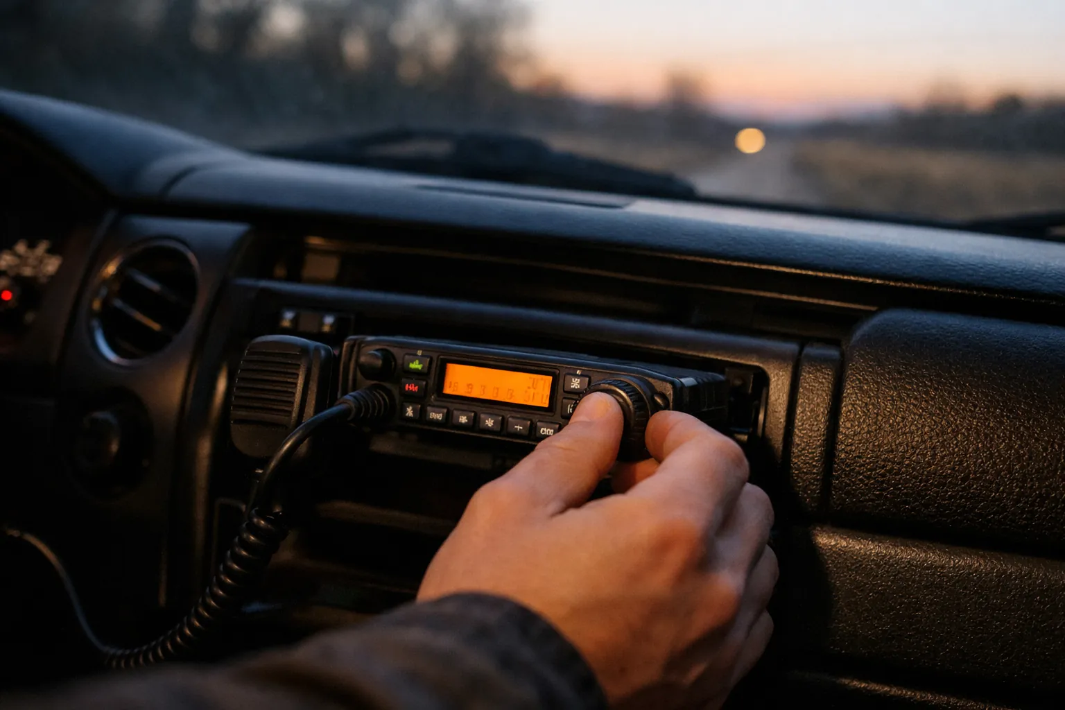 A mobile radio under a truck dashboard with a hand on the channel knob