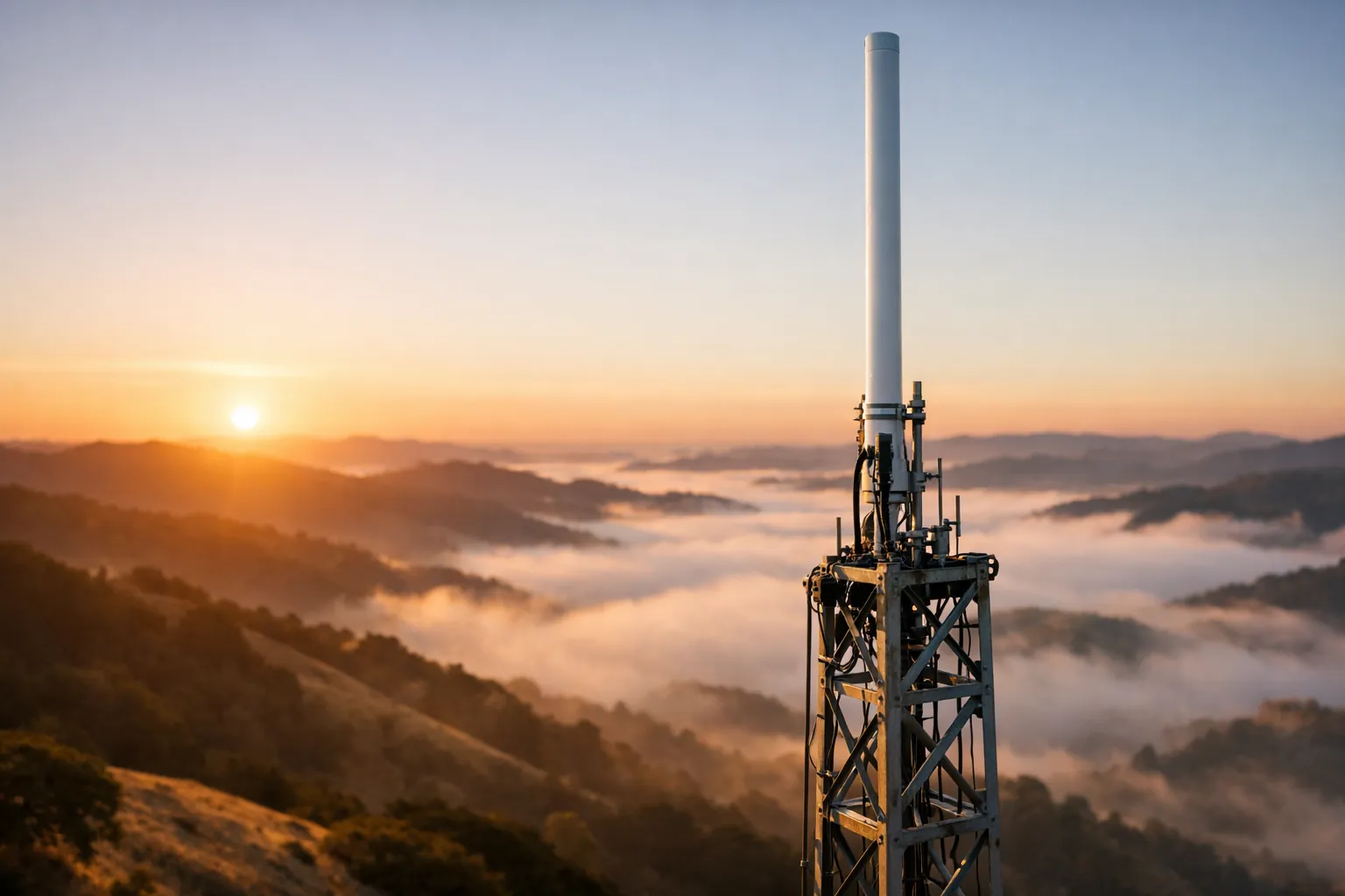 An antenna on a hilltop tower at sunrise