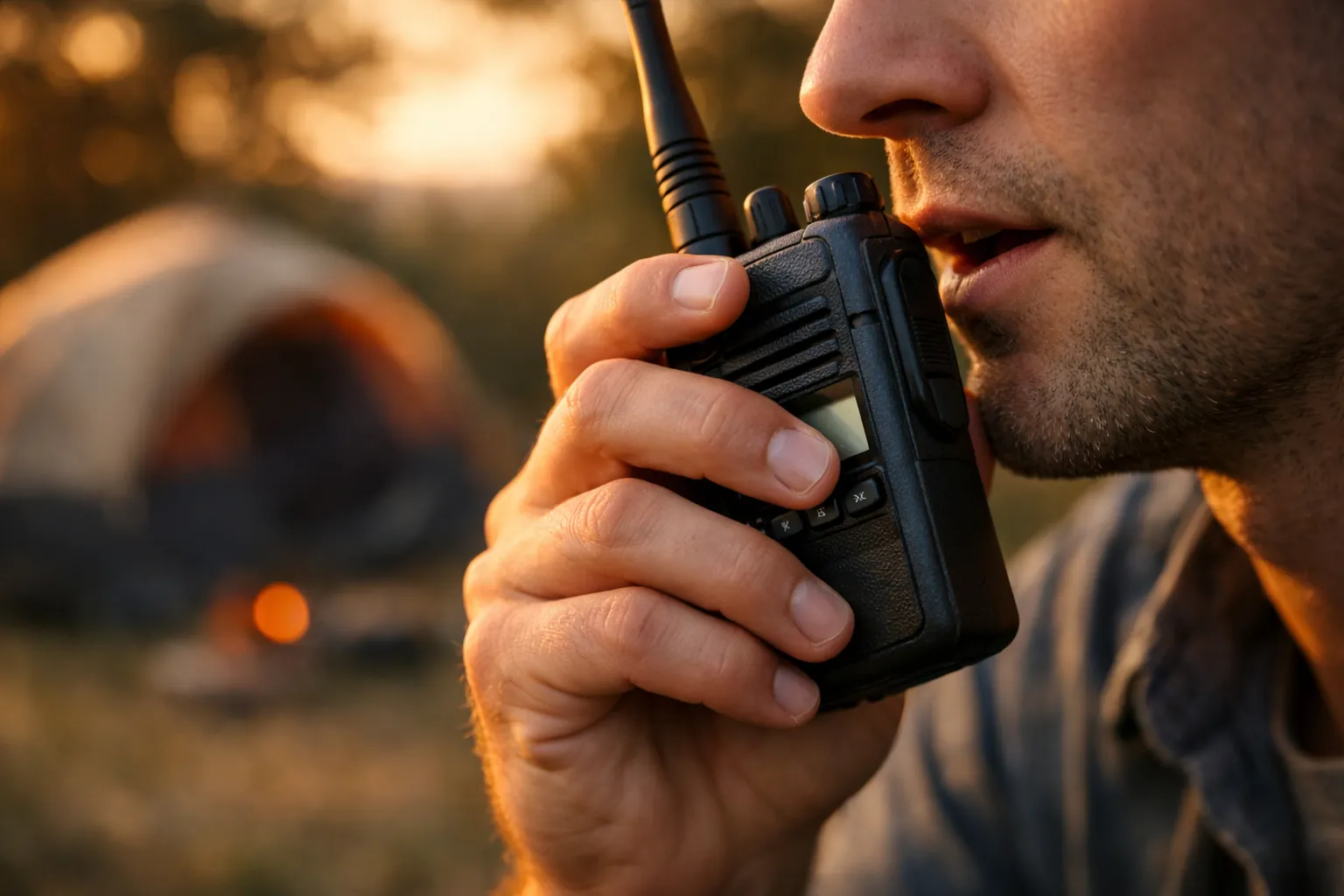Someone speaking into a handheld two-way radio at a campsite