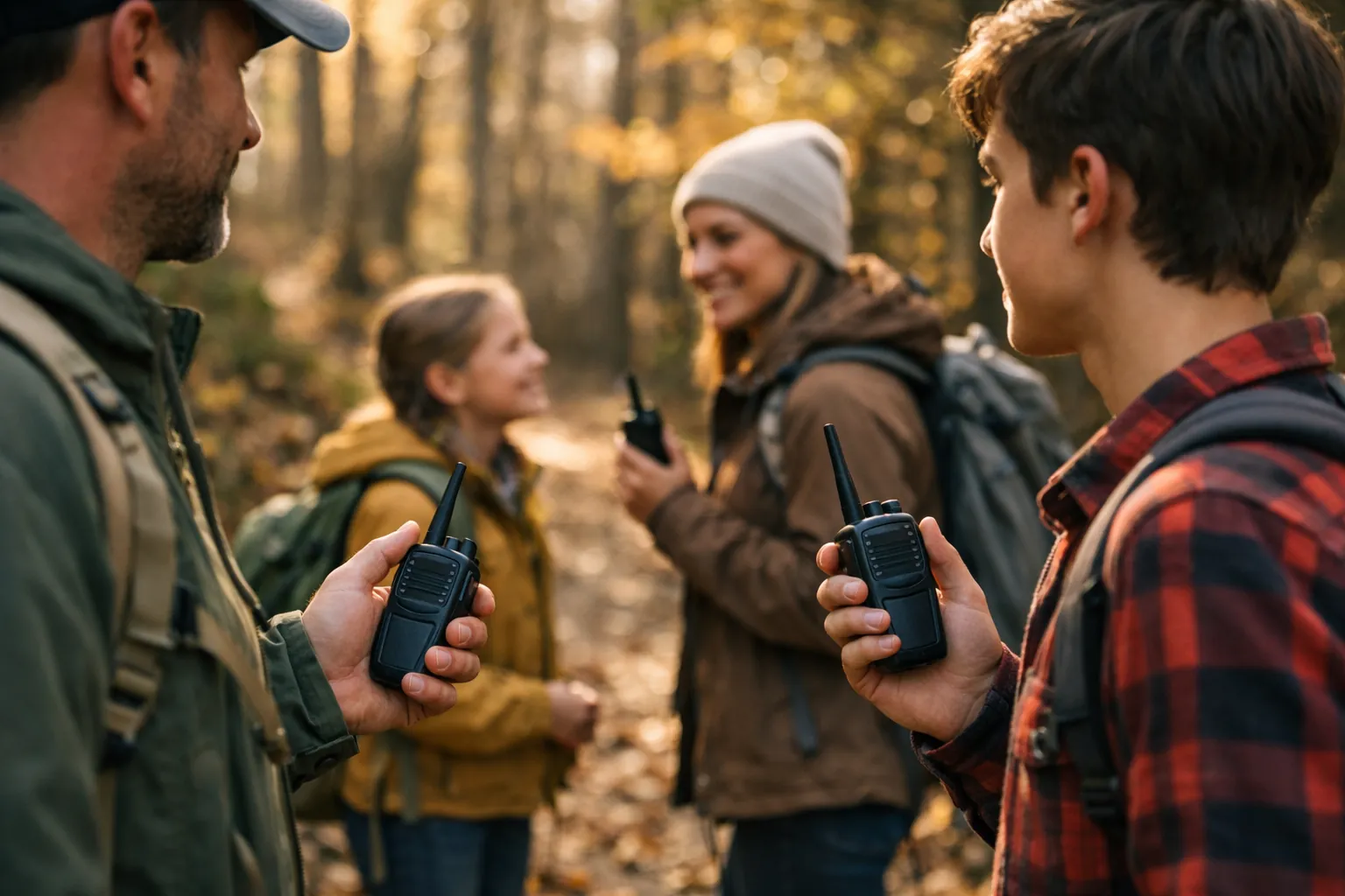 A family on a forest trail, two of them holding handheld radios