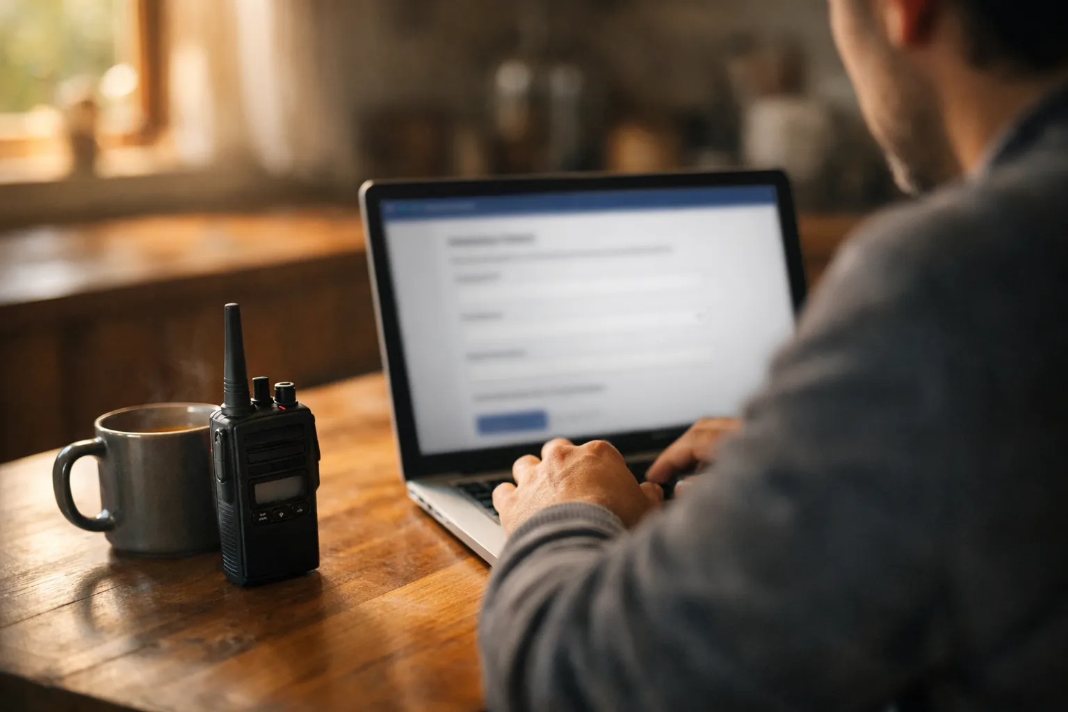 A person at a kitchen table filling in an online application on a laptop with a handheld two-way radio beside it