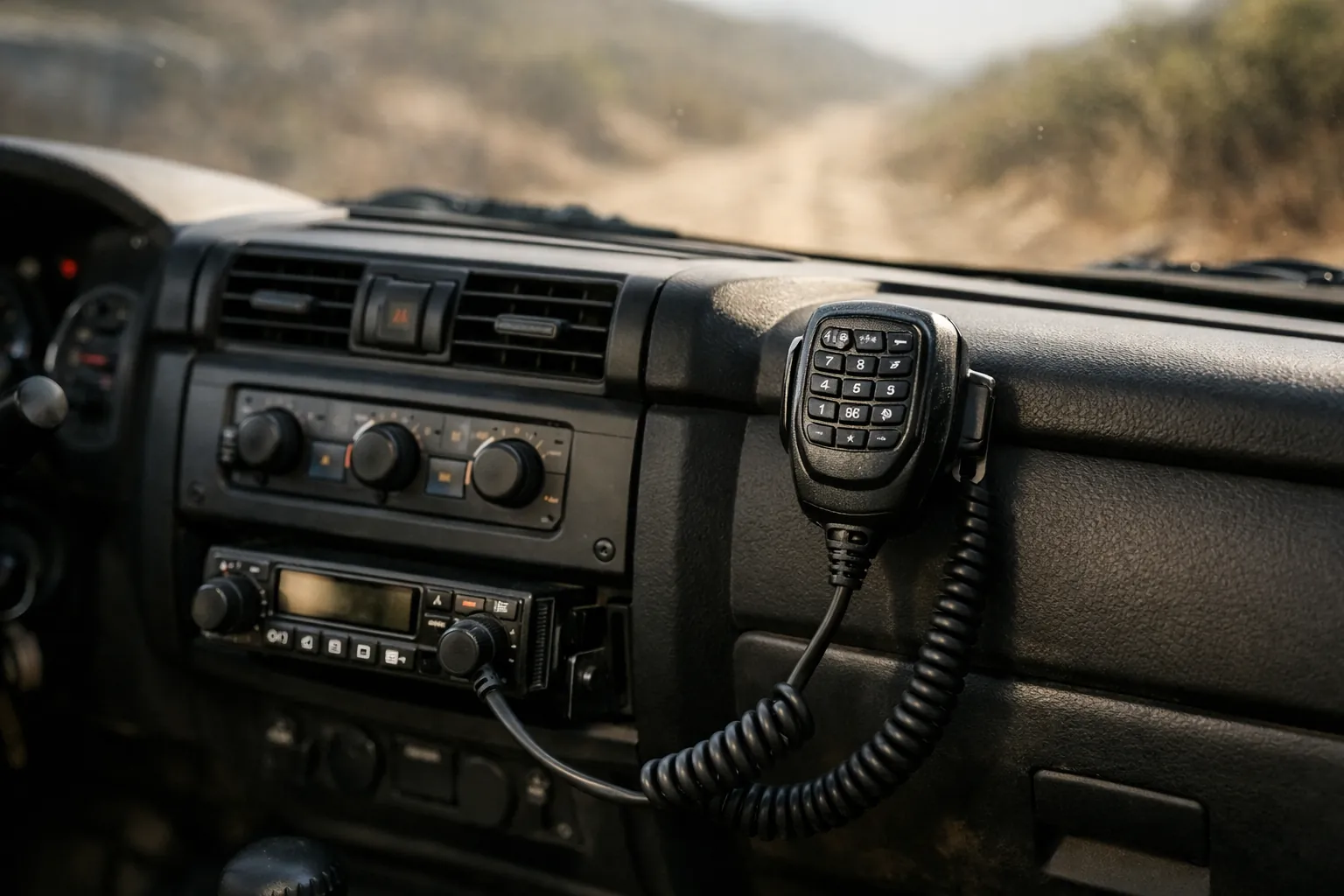 A mobile two-way radio mounted in an off-road vehicle dashboard