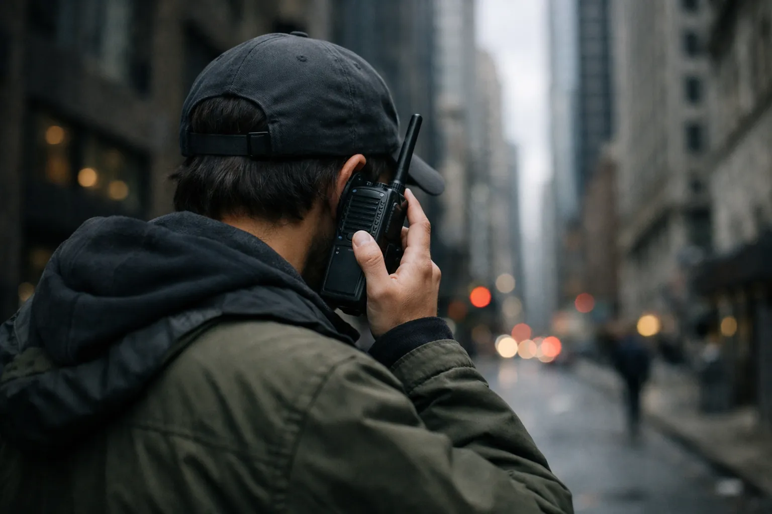 A person using a handheld radio between tall city buildings