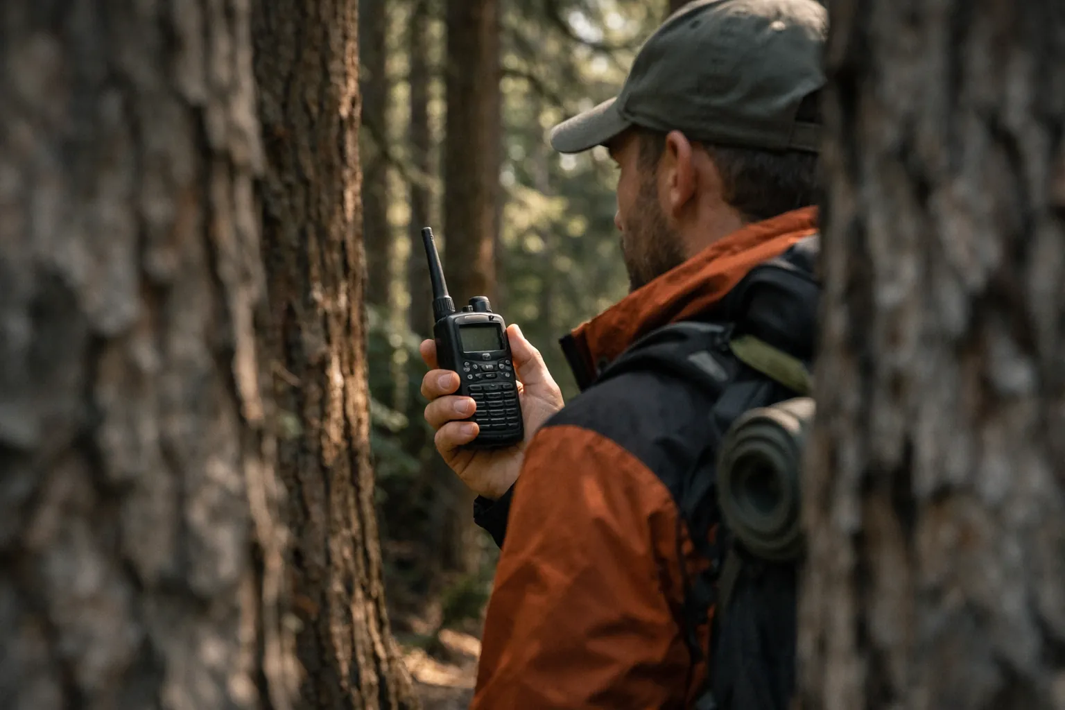 A hiker in dense pine forest holding a handheld radio