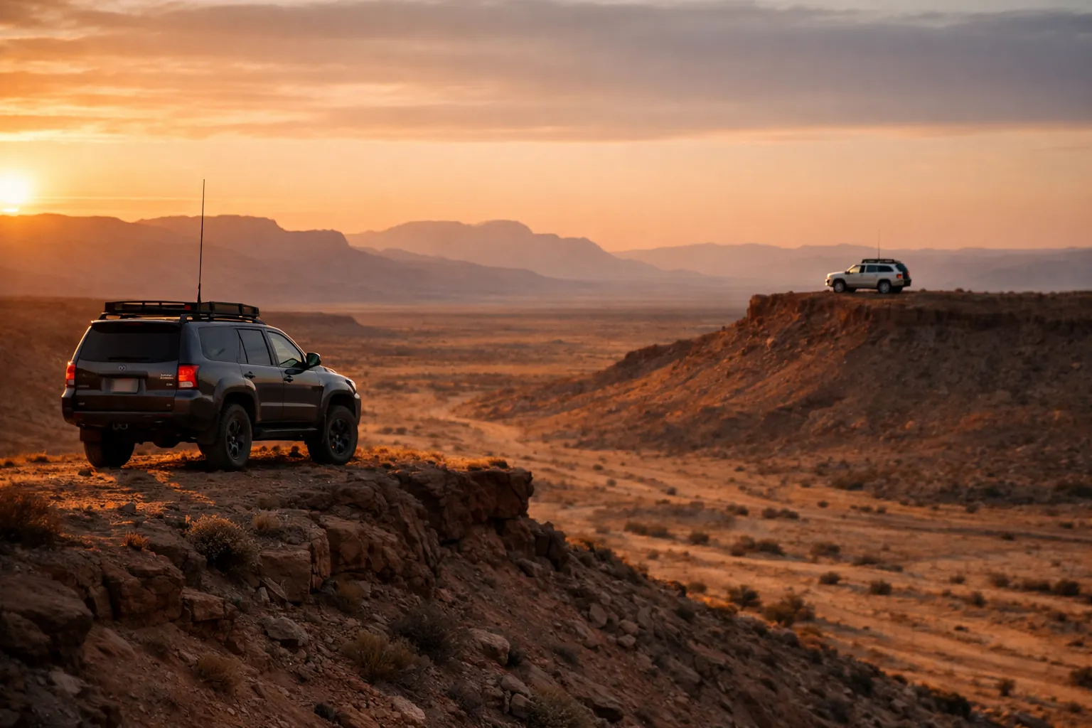 Two off-road vehicles on a ridge road with a wide valley between them at sunset