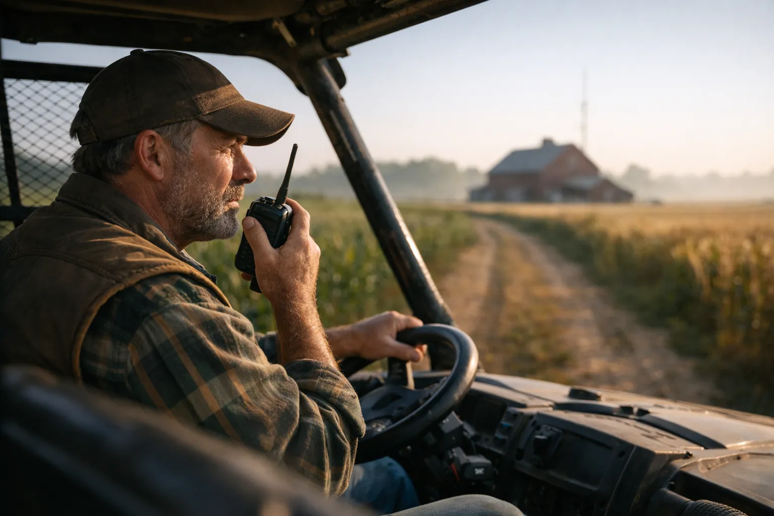 A farmer in a utility vehicle talking on a handheld radio with a distant barn antenna