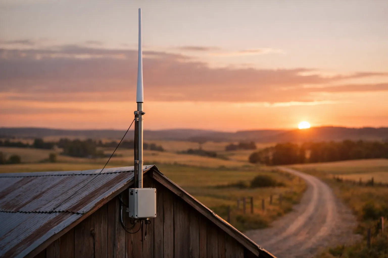 A small repeater box and antenna mast on a ranch building roof overlooking fields