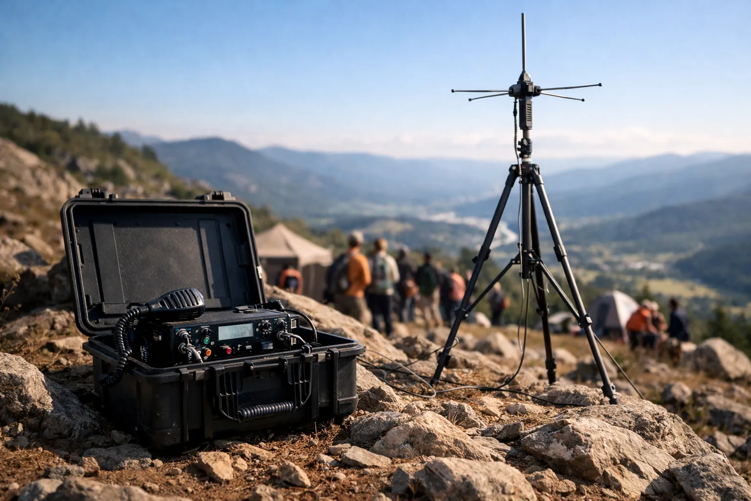 A portable repeater with a tripod antenna on a hilltop