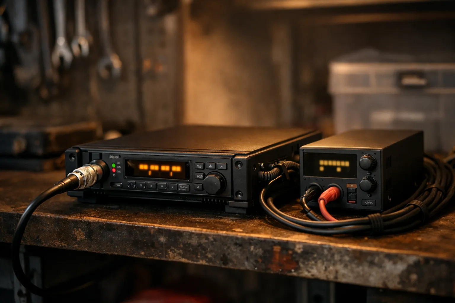 A compact repeater on a garage shelf with a power supply