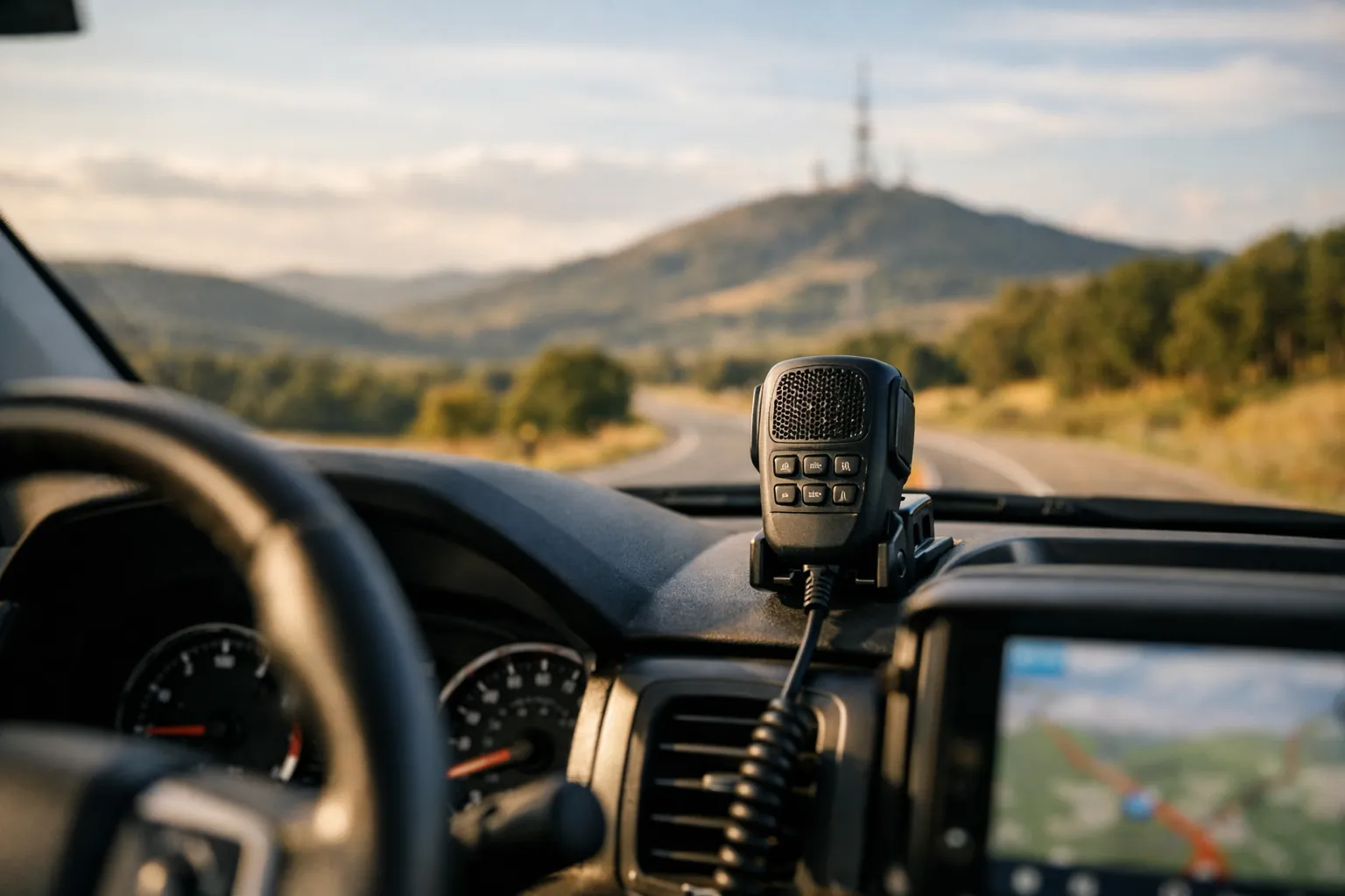 A vehicle mobile radio microphone with a distant radio tower on the horizon