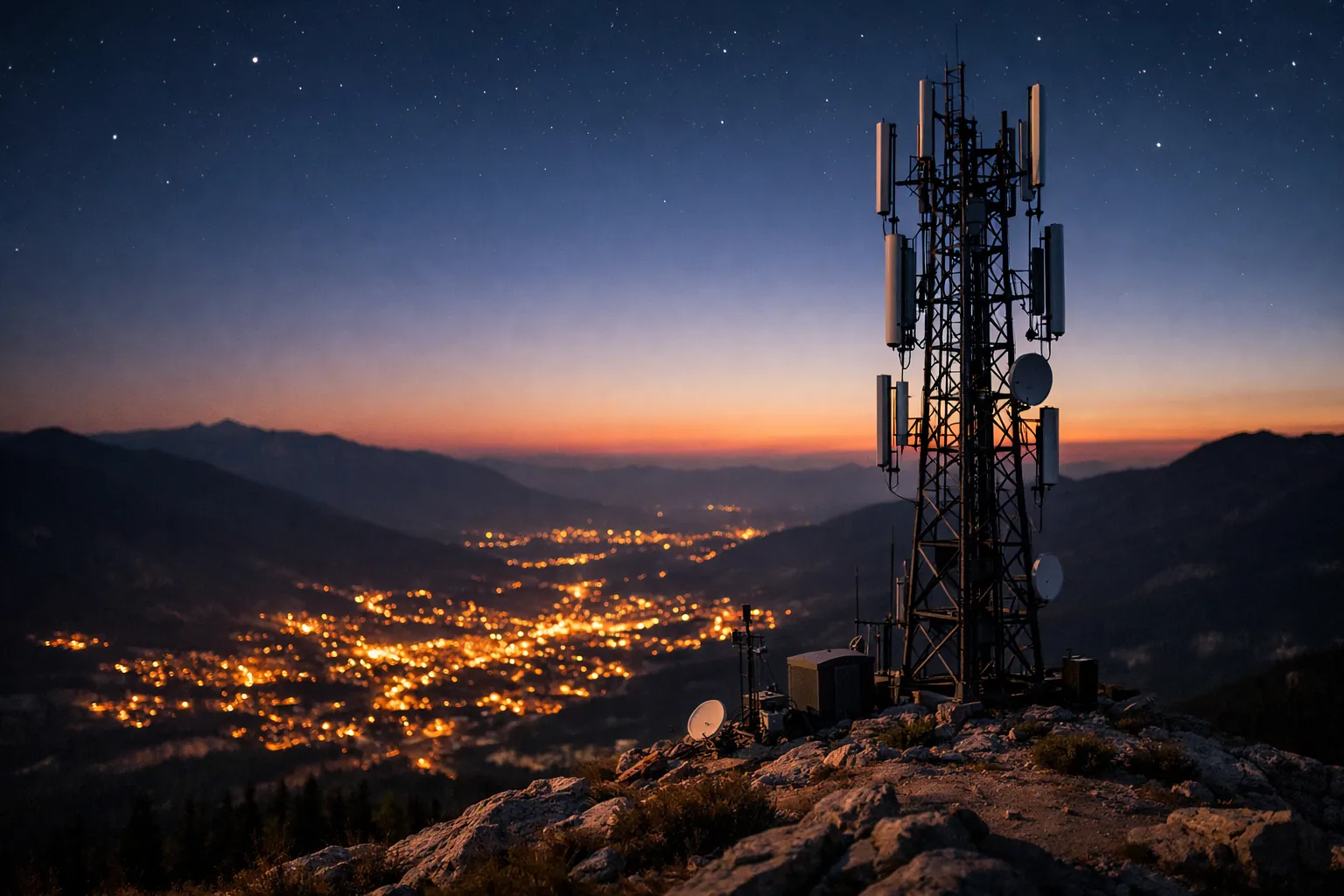 A radio tower with antennas on a mountain summit above a valley town at dusk
