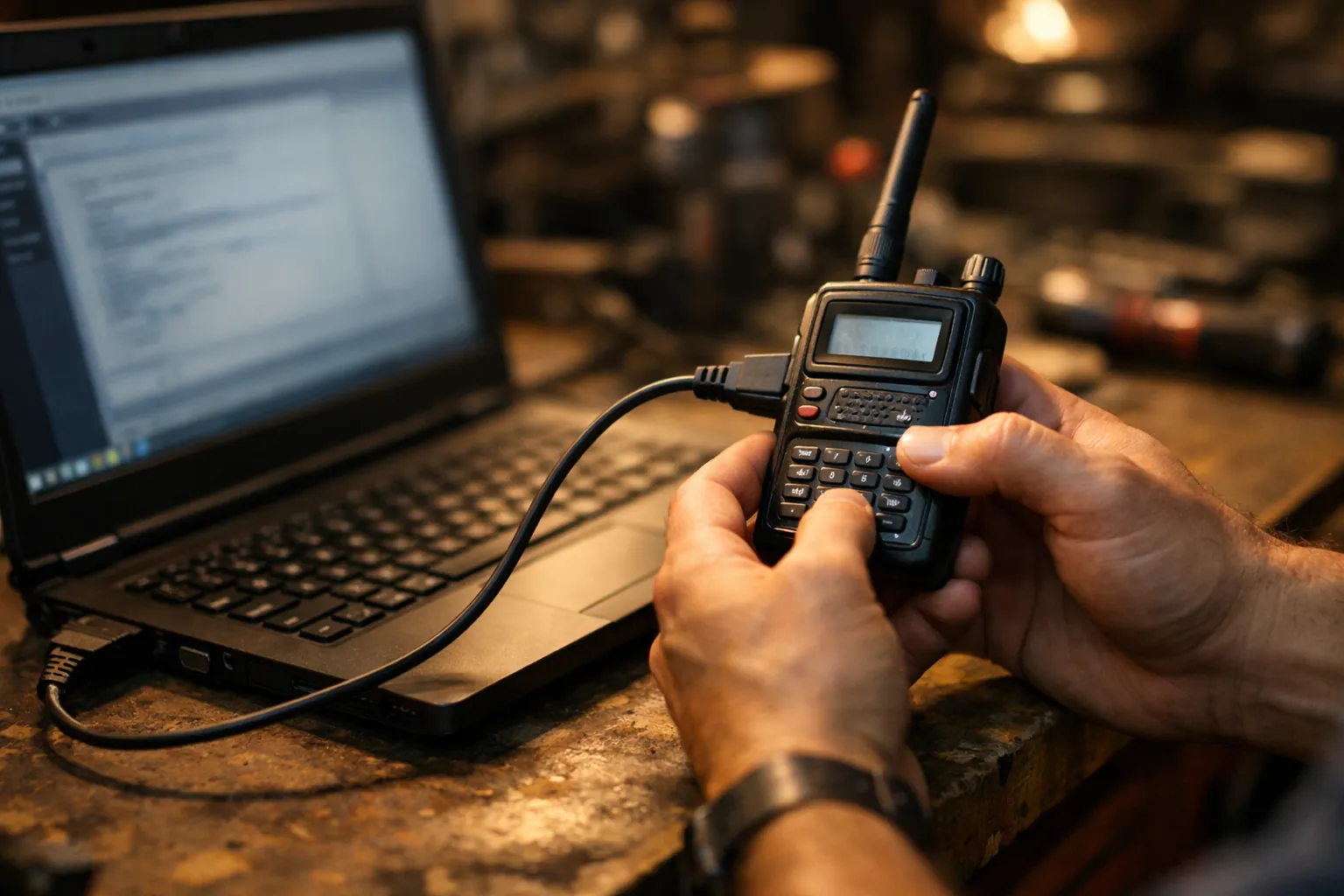 A handheld radio connected to a laptop with a programming cable