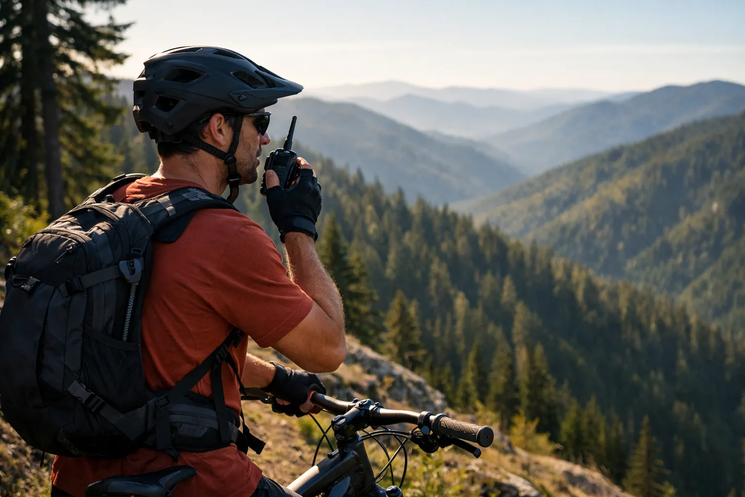 A mountain biker talking on a handheld radio on a forest ridge