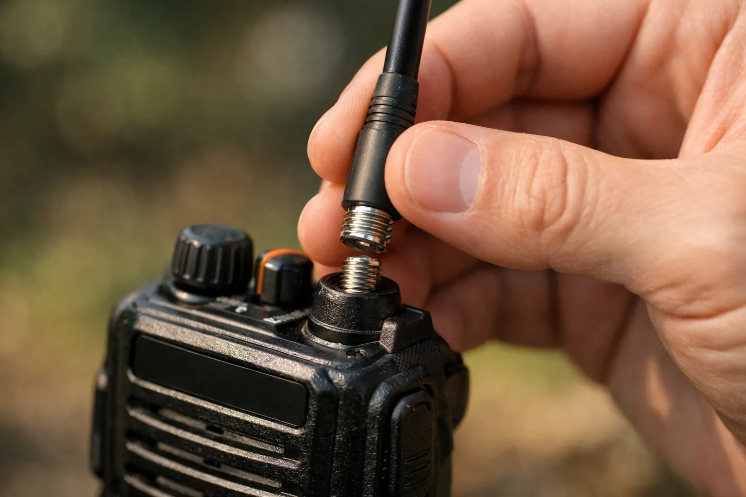 A hand attaching a removable antenna to a handheld radio