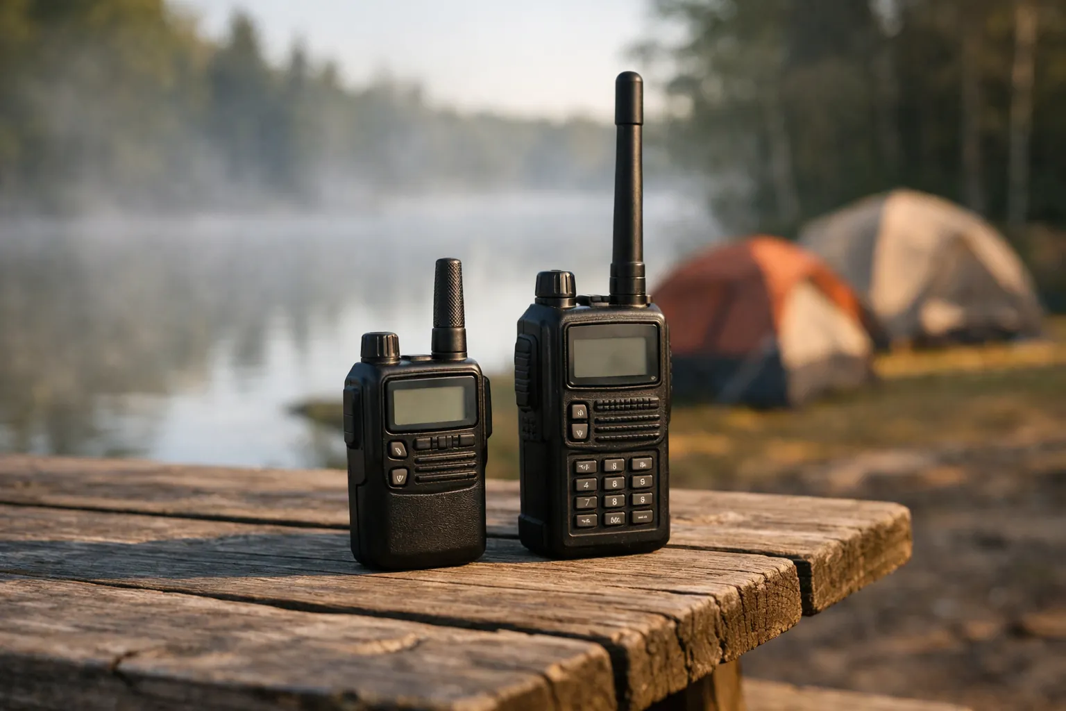 Two handheld two-way radios standing on a picnic table at a lakeside campsite