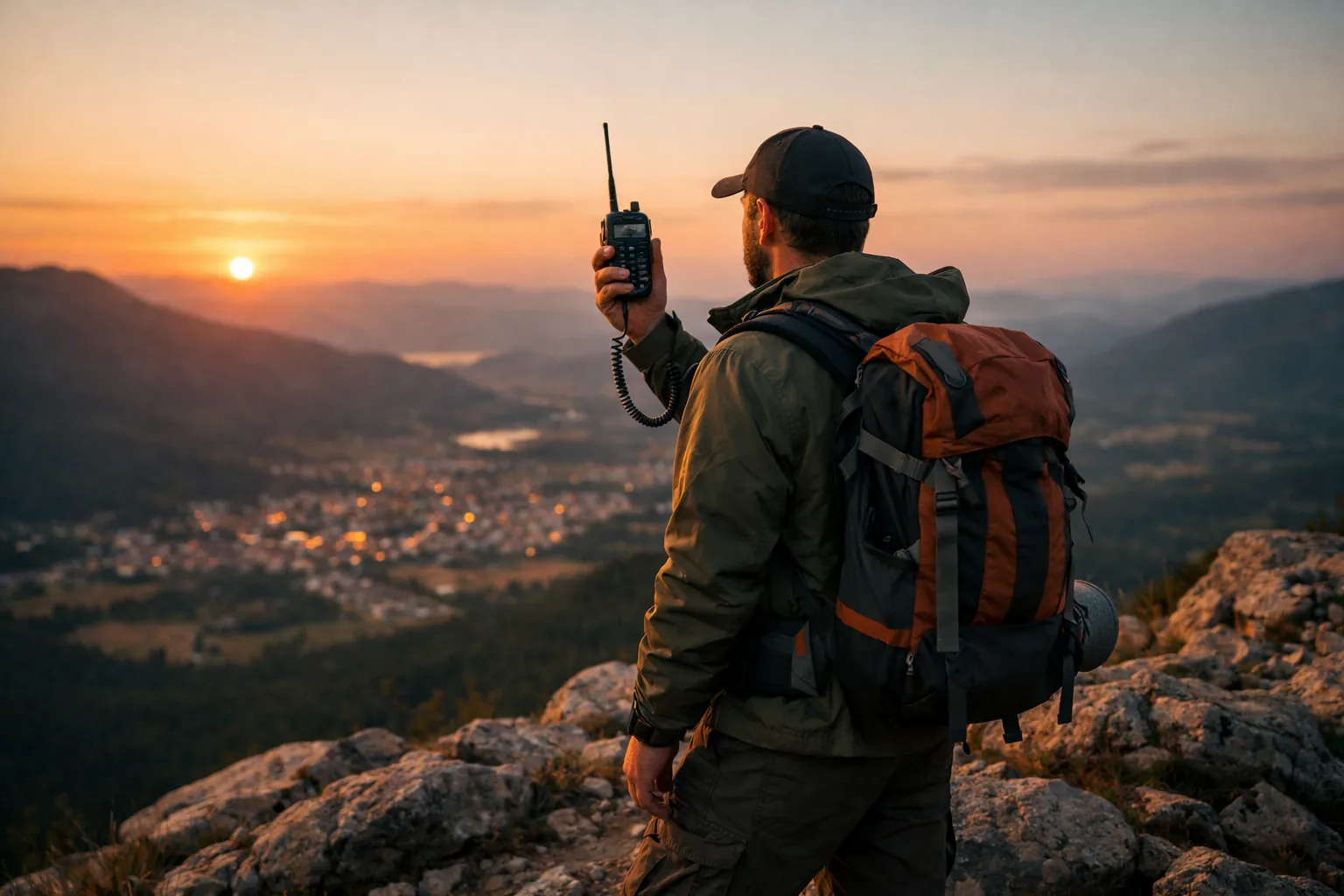 A hiker on a hilltop at sunset holding a radio