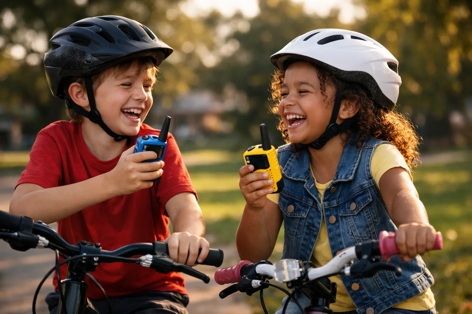 Two kids on bikes in a park with walkie-talkies
