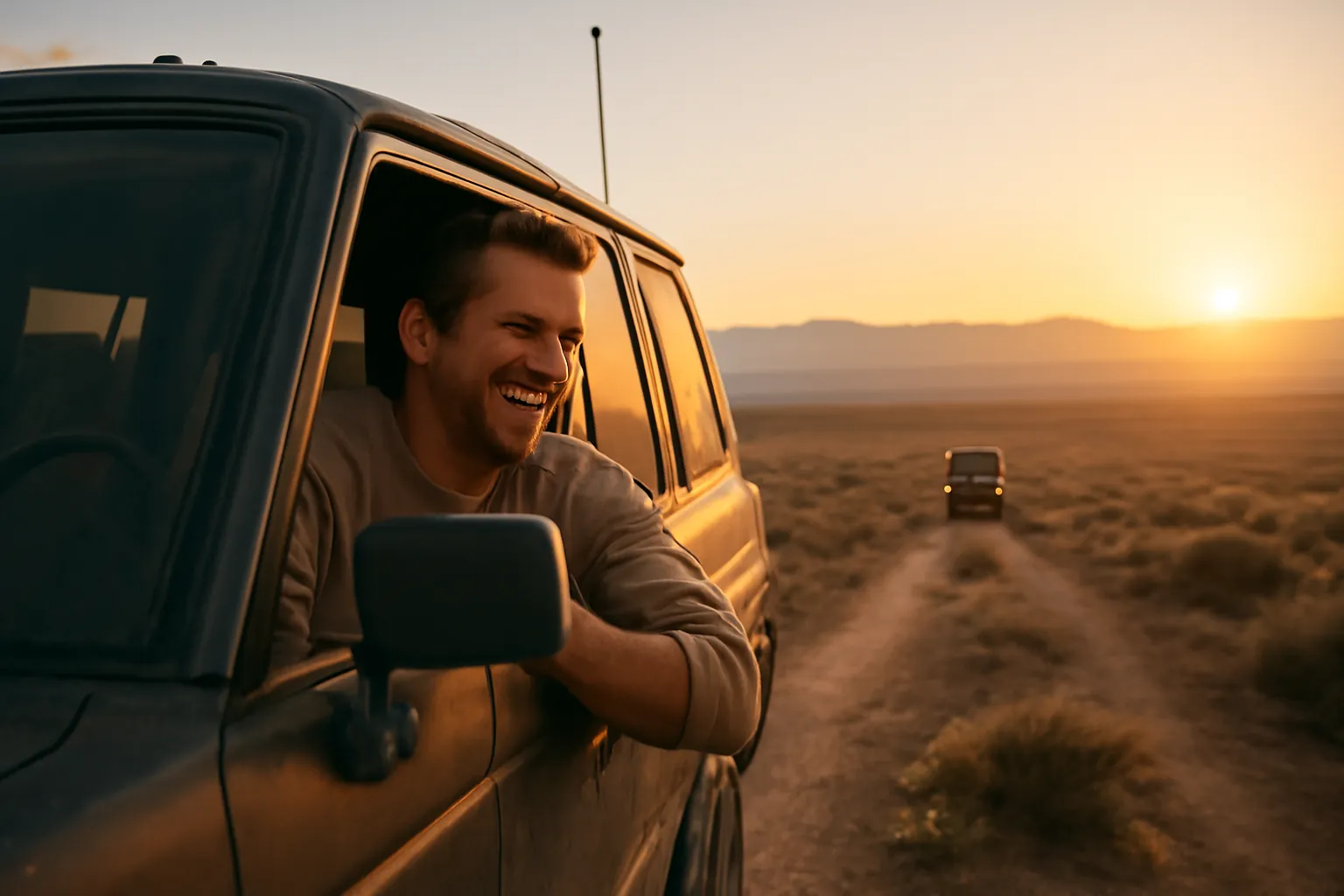 A man laughing as he leans out of an off-road vehicle's window on a desert trail at sunrise, a second vehicle following far behind