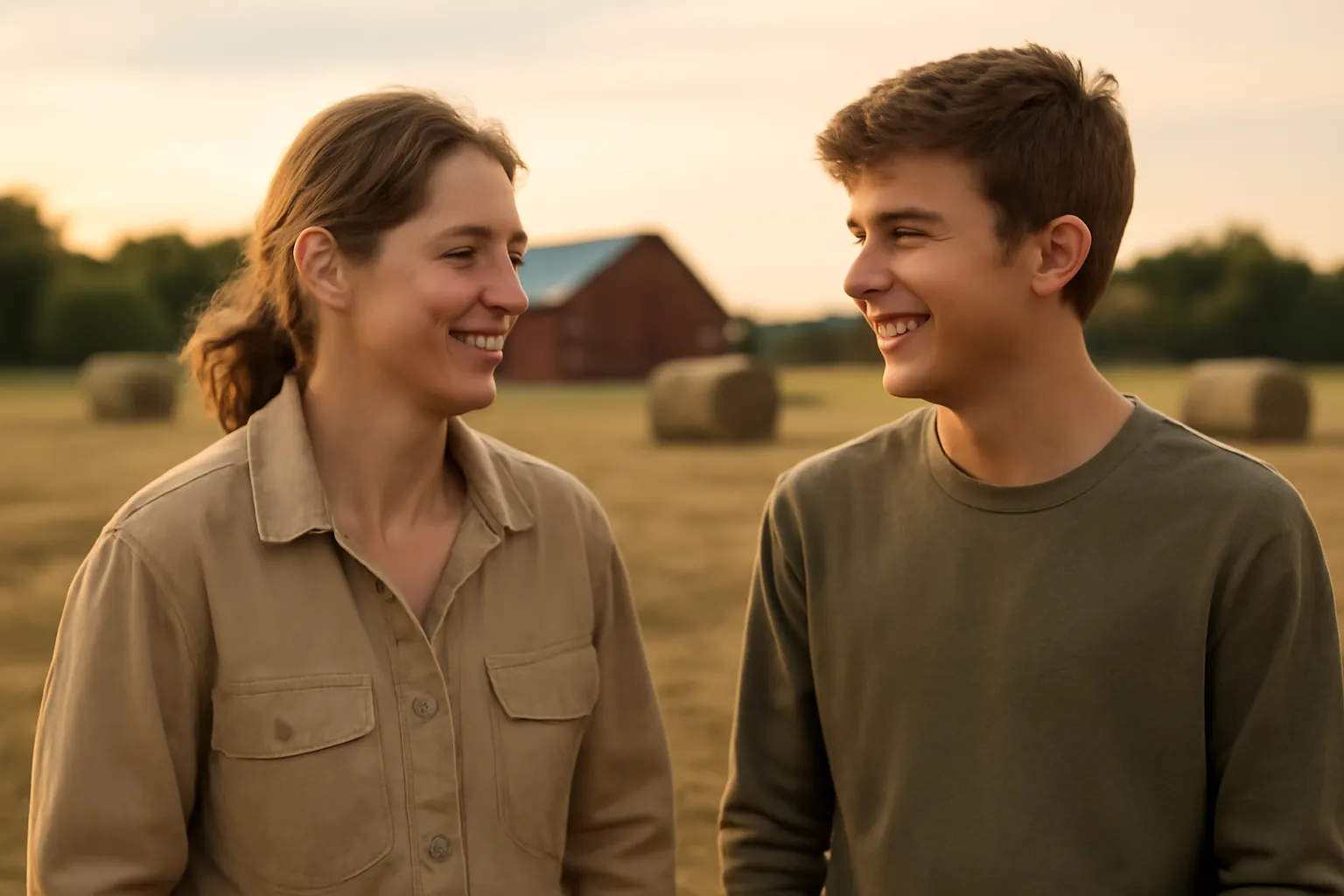 A farmer and her teenage son smiling at each other in a cut hay field at sunset, round bales and a red barn behind them