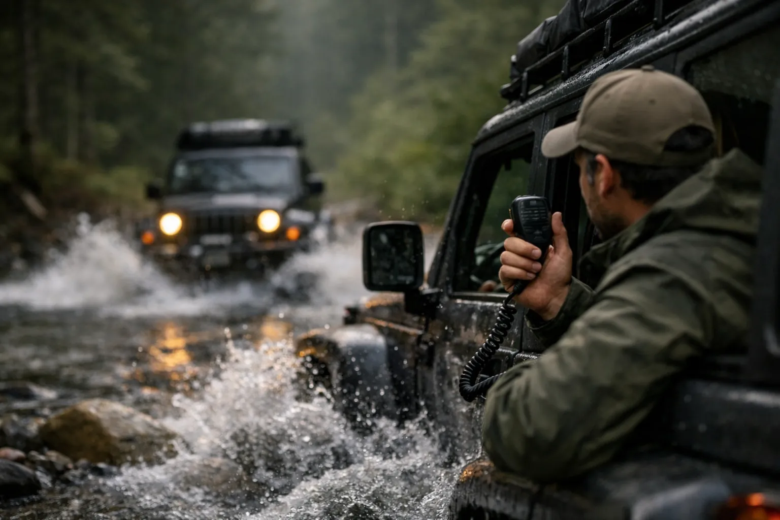 Off-road vehicles crossing a river with a passenger holding a radio microphone