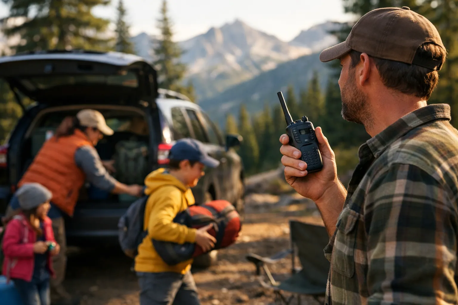 A family unloading a vehicle at a remote campsite in the mountains, one person holding a handheld radio