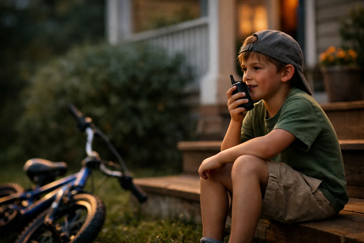 A child on a porch talking on a walkie-talkie