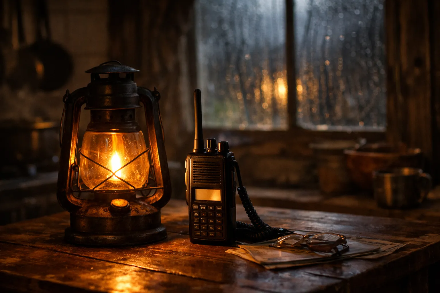 A handheld radio and lantern on a kitchen table during a power outage