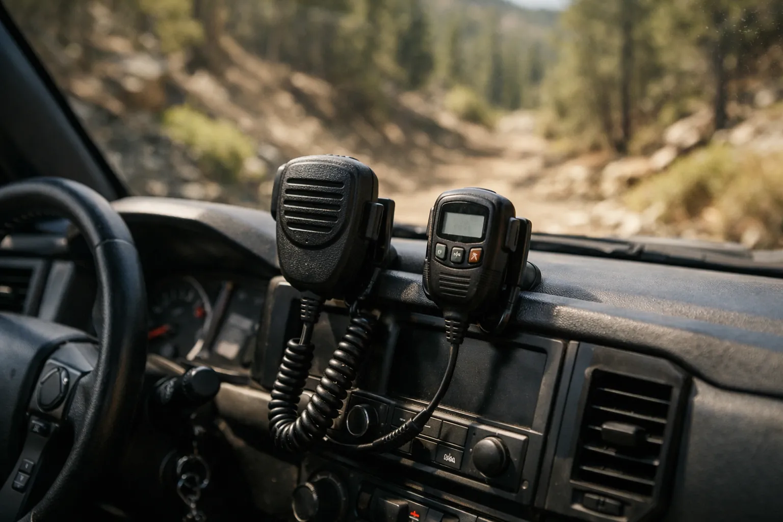 Two radio microphones hanging on the dash of a pickup truck