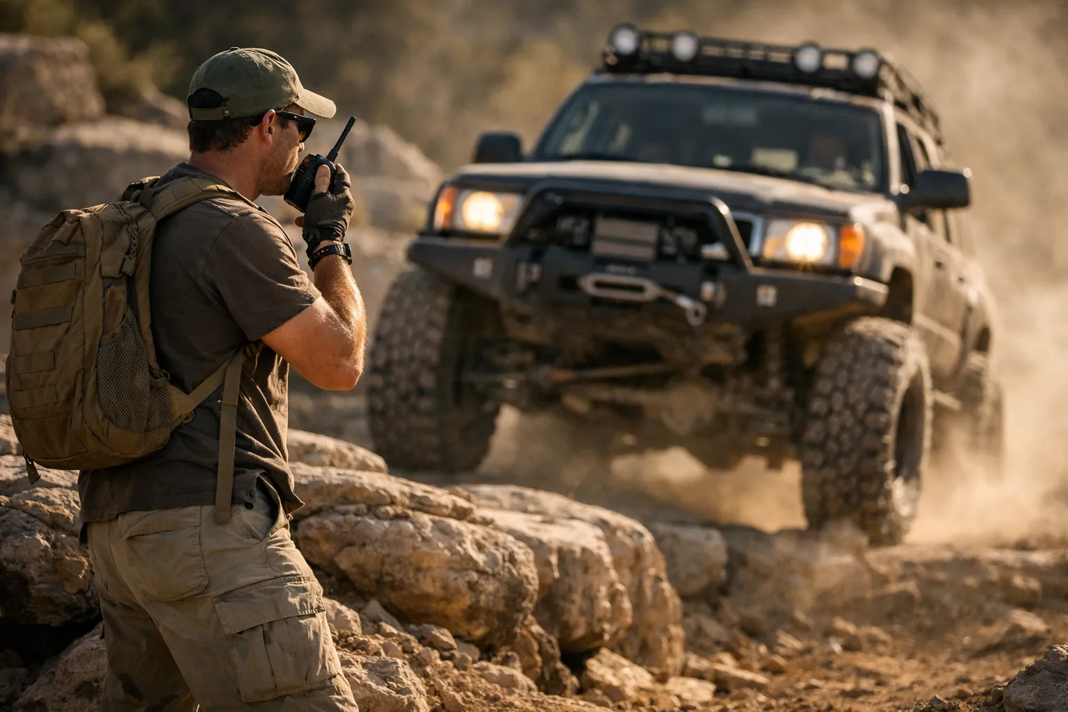 A spotter with a handheld radio guiding a vehicle over a ledge
