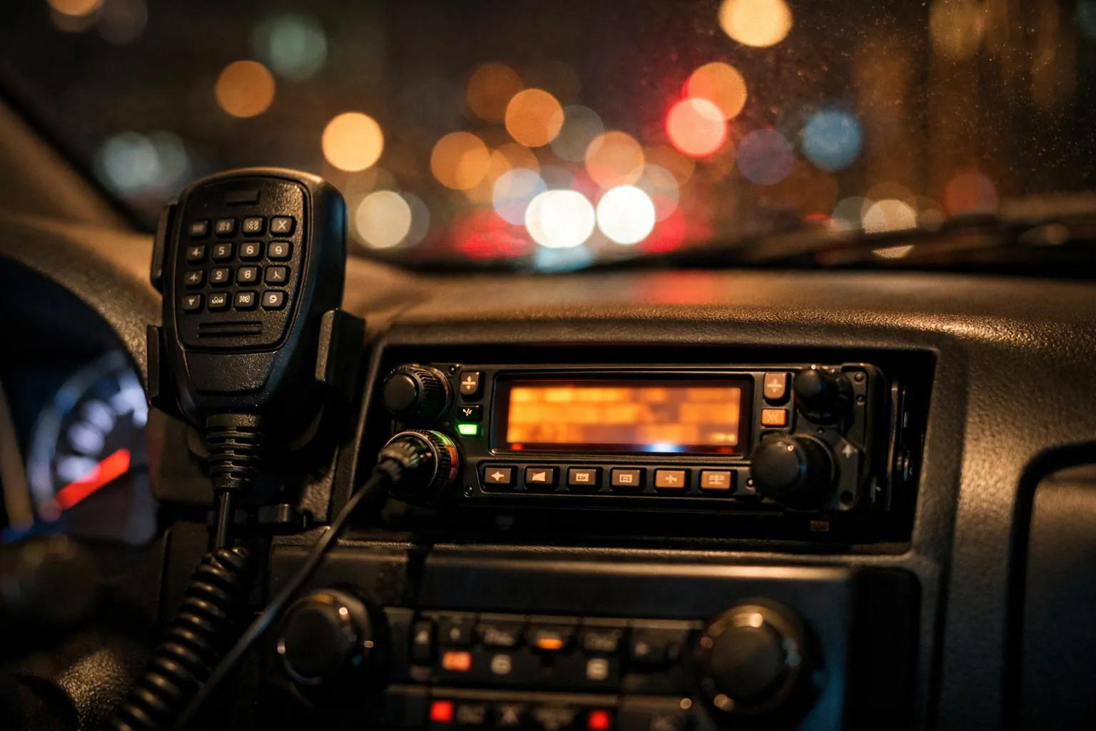 A mobile amateur radio installed in a car console at night