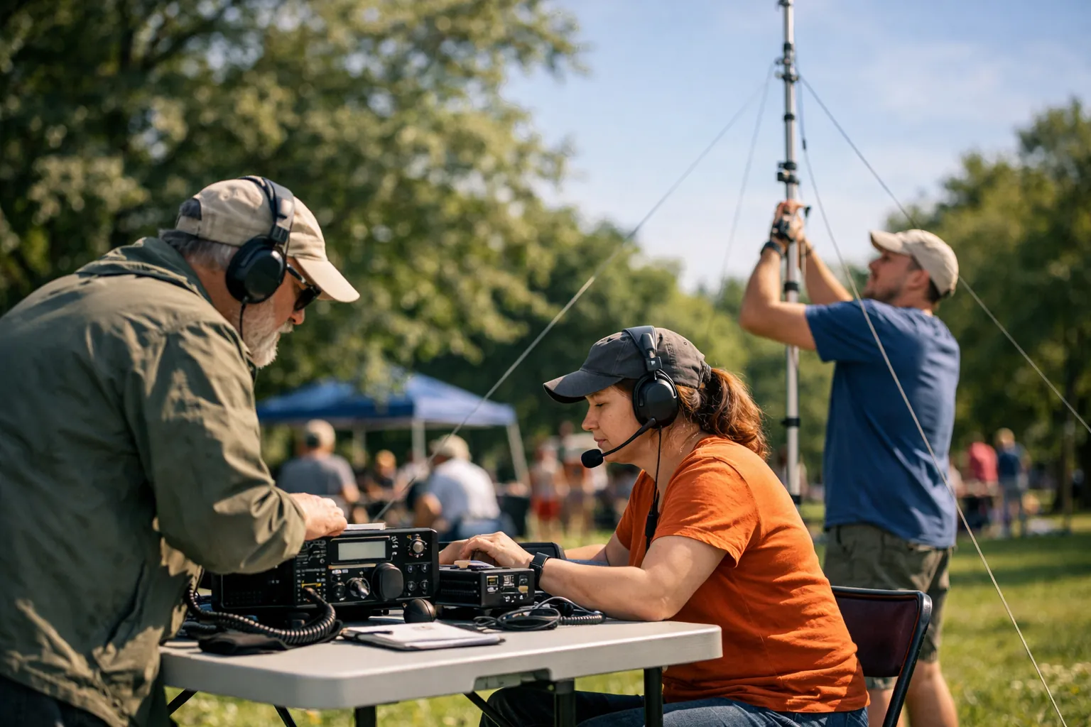 People setting up a portable radio station in a park